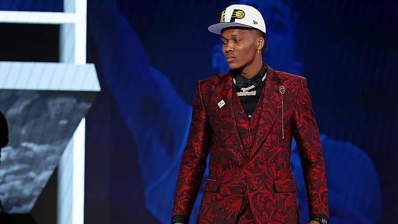 Jun 23, 2022; Brooklyn, NY, USA; Bennedict Mathurin (Arizona) reacts after being selected as the number six overall pick by the Indiana Pacers in the first round of the 2022 NBA Draft at Barclays Center. Mandatory Credit: Brad Penner-USA TODAY Sports