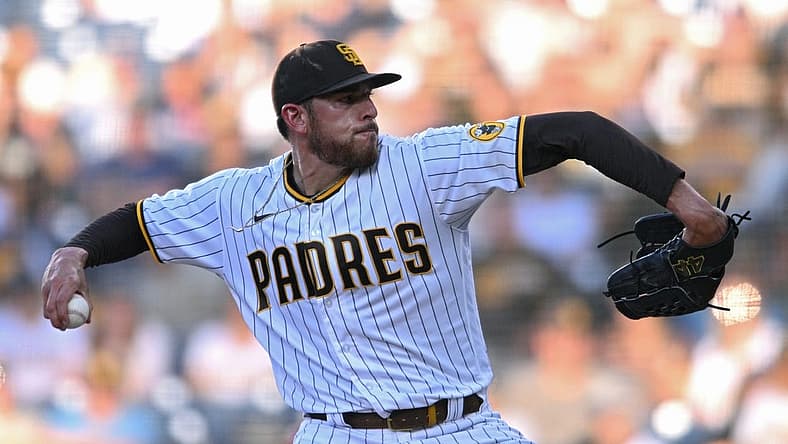 Jun 23, 2022; San Diego, California, USA; San Diego Padres starting pitcher Joe Musgrove (44) throws a pitch against the Philadelphia Phillies during the first inning at Petco Park. Mandatory Credit: Orlando Ramirez-USA TODAY Sports