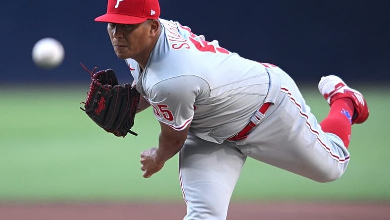 Jun 23, 2022; San Diego, California, USA; Philadelphia Phillies starting pitcher Ranger Suarez (55) throws a pitch against the San Diego Padres during the first inning at Petco Park. Mandatory Credit: Orlando Ramirez-USA TODAY Sports