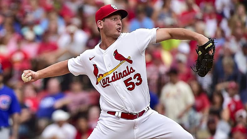 Jun 24, 2022; St. Louis, Missouri, USA; St. Louis Cardinals starting pitcher Andre Pallante (53) pitches against the Chicago Cubs during the first inning at Busch Stadium. Mandatory Credit: Jeff Curry-USA TODAY Sports