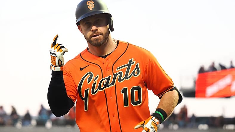 Jun 24, 2022; San Francisco, California, USA; San Francisco Giants third baseman Evan Longoria (10) gestures after hitting a home run against the Cincinnati Reds during the fourth inning at Oracle Park. Mandatory Credit: Kelley L Cox-USA TODAY Sports