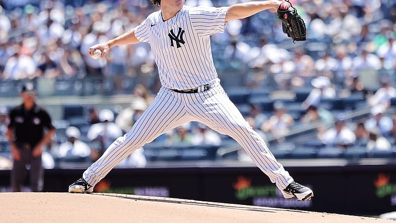 Jun 25, 2022; Bronx, New York, USA; New York Yankees starting pitcher Gerrit Cole throws a pitch during the first inning against the Houston Astros at Yankee Stadium. Mandatory Credit: Jessica Alcheh-USA TODAY Sports
