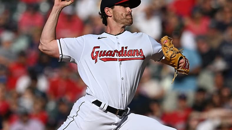 Jun 25, 2022; Cleveland, Ohio, USA; Cleveland Guardians starting pitcher Shane Bieber (57) throws a pitch during the first inning against the Boston Red Sox at Progressive Field. Mandatory Credit: Ken Blaze-USA TODAY Sports