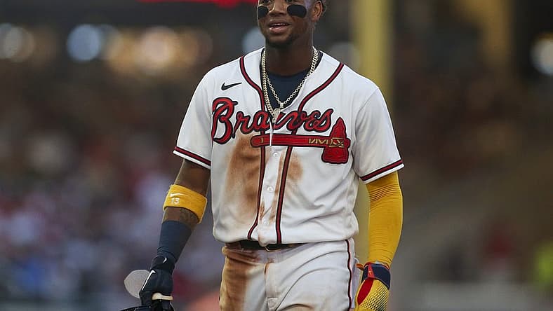 Jun 25, 2022; Atlanta, Georgia, USA; Atlanta Braves right fielder Ronald Acuna Jr. (13) reacts during the fifth inning against the Los Angeles Dodgers at Truist Park. Mandatory Credit: Brett Davis-USA TODAY Sports