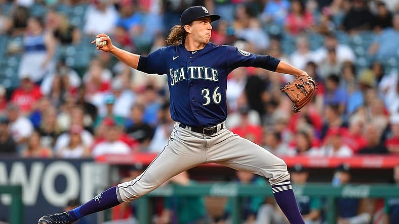 June 25, 2022; Anaheim, California, USA; Seattle Mariners starting pitcher Logan Gilbert (36) throws against the Los Angeles Angels during the first inning at Angel Stadium. Mandatory Credit: Gary A. Vasquez-USA TODAY Sports