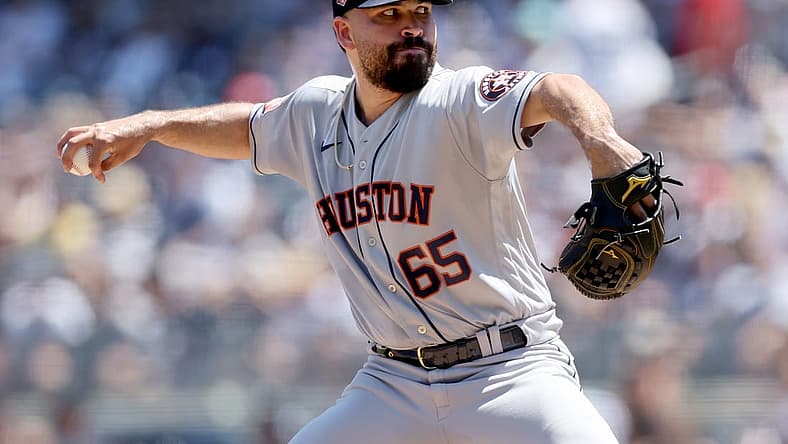 Jun 26, 2022; Bronx, New York, USA; Houston Astros starting pitcher Jose Urquidy (65) pitches against the New York Yankees during the first inning at Yankee Stadium. Mandatory Credit: Brad Penner-USA TODAY Sports