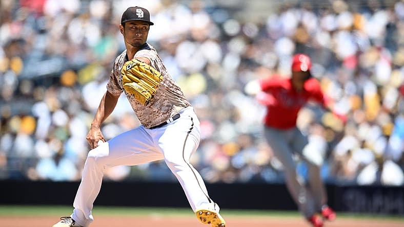 Jun 26, 2022; San Diego, California, USA; San Diego Padres starting pitcher Yu Darvish (11) throws a pitch against the Philadelphia Phillies at Petco Park. Mandatory Credit: Orlando Ramirez-USA TODAY Sports