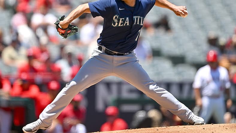 Jun 26, 2022; Anaheim, California, USA;  Seattle Mariners starting pitcher Marco Gonzales (7) in the first inning against the Los Angeles Angels at Angel Stadium. Mandatory Credit: Jayne Kamin-Oncea-USA TODAY Sports