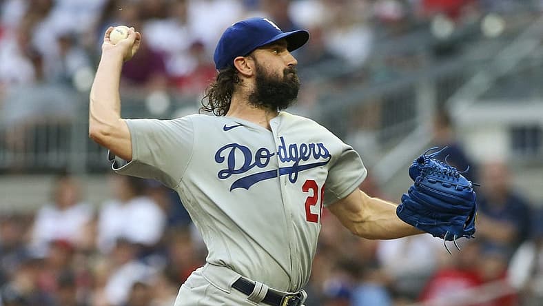 Jun 26, 2022; Atlanta, Georgia, USA; Los Angeles Dodgers starting pitcher Tony Gonsolin (26) throws against the Atlanta Braves in the first inning at Truist Park. Mandatory Credit: Brett Davis-USA TODAY Sports