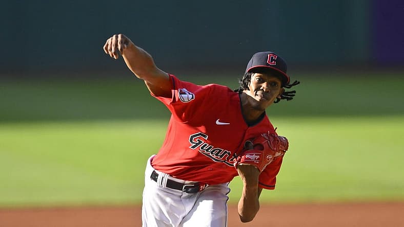 Jun 27, 2022; Cleveland, Ohio, USA; Cleveland Guardians starting pitcher Triston McKenzie (24) delivers a pitch in the first inning against the Minnesota Twins at Progressive Field. Mandatory Credit: David Richard-USA TODAY Sports