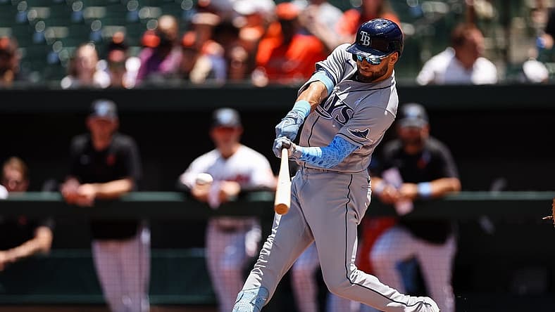 Jun 19, 2022; Baltimore, Maryland, USA; Tampa Bay Rays center fielder Kevin Kiermaier (39) singles against the Baltimore Orioles during the first inning at Oriole Park at Camden Yards. Mandatory Credit: Scott Taetsch-USA TODAY Sports