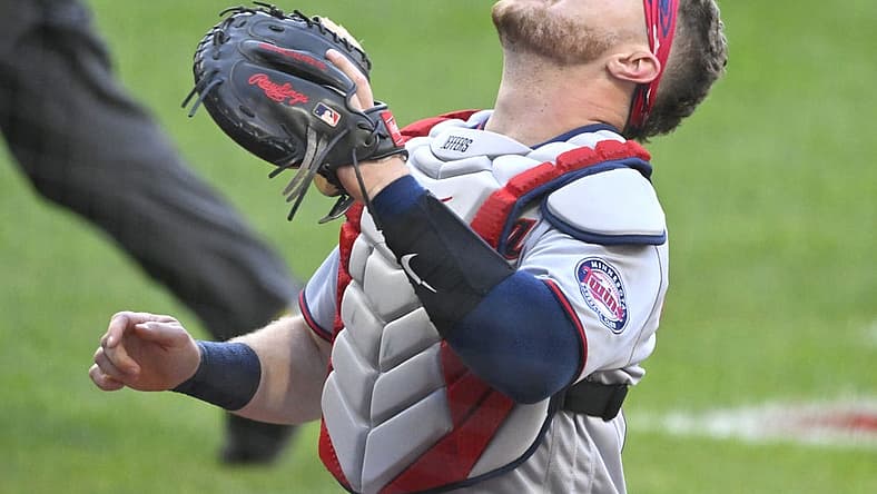 Jun 28, 2022; Cleveland, Ohio, USA; Minnesota Twins catcher Ryan Jeffers (27) looks for a foul ball in the second inning against the Cleveland Guardians at Progressive Field. Mandatory Credit: David Richard-USA TODAY Sports
