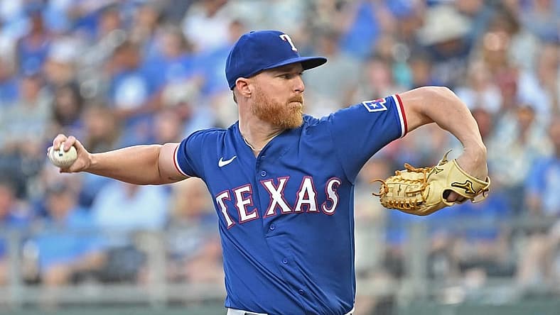 Jun 28, 2022; Kansas City, Missouri, USA;  Texas Rangers starting pitcher Jon Gray (22) delivers a pitch during the first inning against the Kansas City Royals at Kauffman Stadium. Mandatory Credit: Peter Aiken-USA TODAY Sports