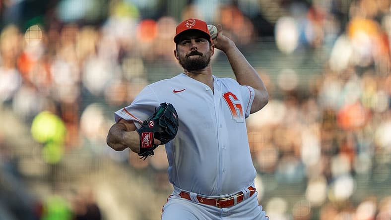Jun 28, 2022; San Francisco, California, USA; San Francisco Giants starting pitcher Carlos Rodon (16) pitches during the first inning against the Detroit Tigers at Oracle Park. Mandatory Credit: Stan Szeto-USA TODAY Sports