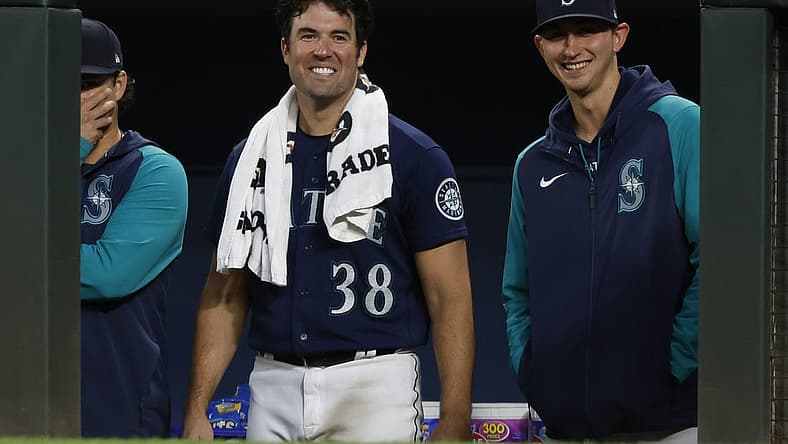 Jun 28, 2022; Seattle, Washington, USA; Seattle Mariners starting pitcher Robbie Ray (38) and starting pitcher George Kirby (68, right) stand in the dugout during the seventh inning against the Baltimore Orioles at T-Mobile Park. Mandatory Credit: Joe Nicholson-USA TODAY Sports
