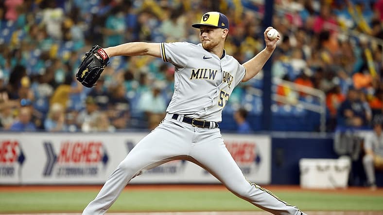 Jun 29, 2022; St. Petersburg, Florida, USA; Milwaukee Brewers starting pitcher Eric Lauer (52) throws a pitch during the second inning against the Tampa Bay Rays at Tropicana Field. Mandatory Credit: Kim Klement-USA TODAY Sports