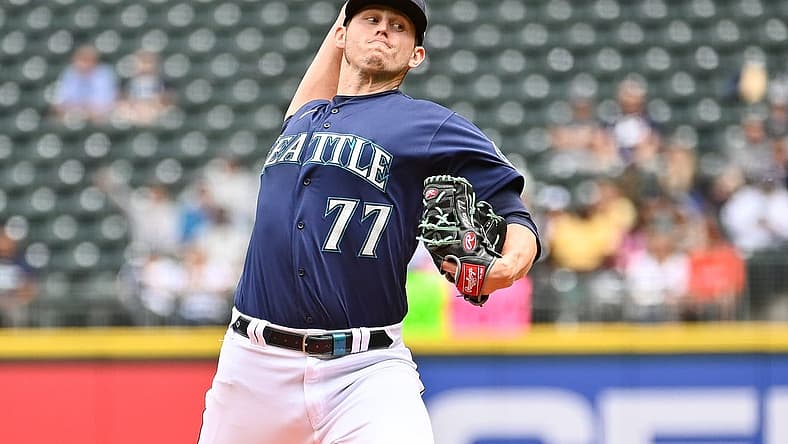 Jun 29, 2022; Seattle, Washington, USA; Seattle Mariners starting pitcher Chris Flexen (77) pitches to the Baltimore Orioles during the first inning at T-Mobile Park. Mandatory Credit: Steven Bisig-USA TODAY Sports