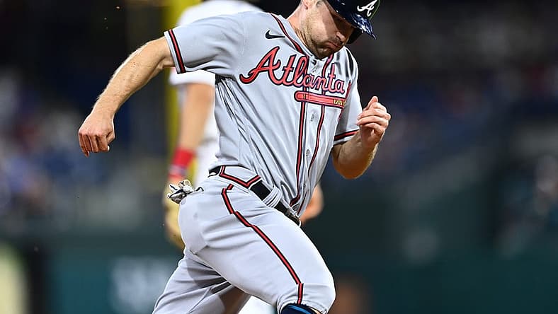 Jun 29, 2022; Philadelphia, Pennsylvania, USA; Atlanta Braves infielder Phil Gosselin (15) rounds third and advances home to score against the Philadelphia Phillies in the seventh inning at Citizens Bank Park. Mandatory Credit: Kyle Ross-USA TODAY Sports