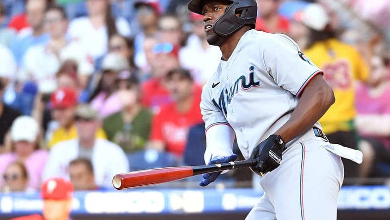 Jun 14, 2022; Philadelphia, Pennsylvania, USA; Miami Marlins right fielder Jorge Soler (12) watches his home run against the Philadelphia Phillies at Citizens Bank Park. Mandatory Credit: Eric Hartline-USA TODAY Sports
