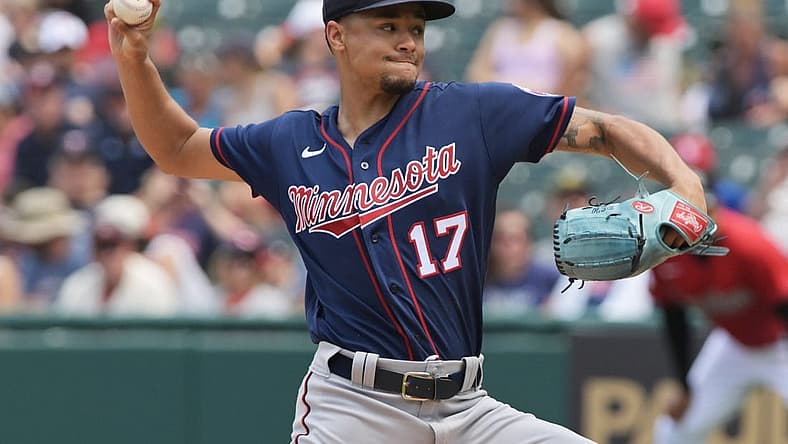 Jun 30, 2022; Cleveland, Ohio, USA; Minnesota Twins starting pitcher Chris Archer (17) throws a pitch during the first inning against the Cleveland Guardians at Progressive Field. Mandatory Credit: Ken Blaze-USA TODAY Sports