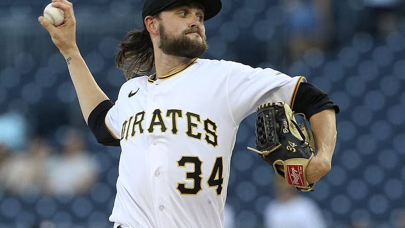 Jun 30, 2022; Pittsburgh, Pennsylvania, USA; Pittsburgh Pirates starting pitcher JT Brubaker (34) throws a pitch against the Milwaukee Brewers during the first inning at PNC Park. Mandatory Credit: Charles LeClaire-USA TODAY Sports