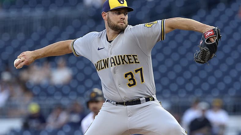 Jun 30, 2022; Pittsburgh, Pennsylvania, USA; Milwaukee Brewers starting pitcher Adrian Houser (37) throws a pitch against the Pittsburgh Pirates during the first inning at PNC Park. Mandatory Credit: Charles LeClaire-USA TODAY Sports