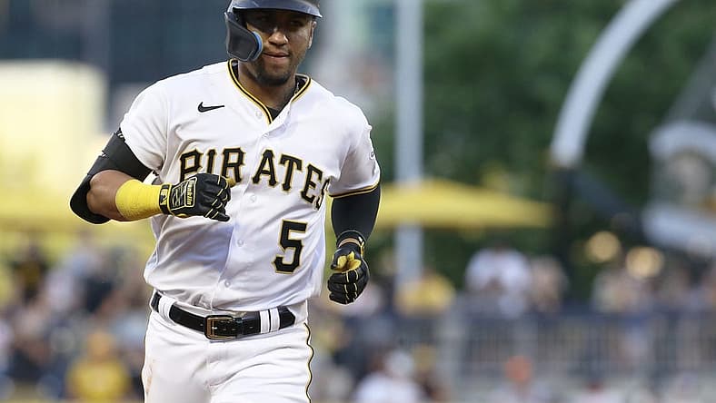 Jun 30, 2022; Pittsburgh, Pennsylvania, USA; Pittsburgh Pirates catcher Michael Perez (5) rounds the bases on a two-run home run against the Milwaukee Brewers during the fourth inning at PNC Park. Mandatory Credit: Charles LeClaire-USA TODAY Sports