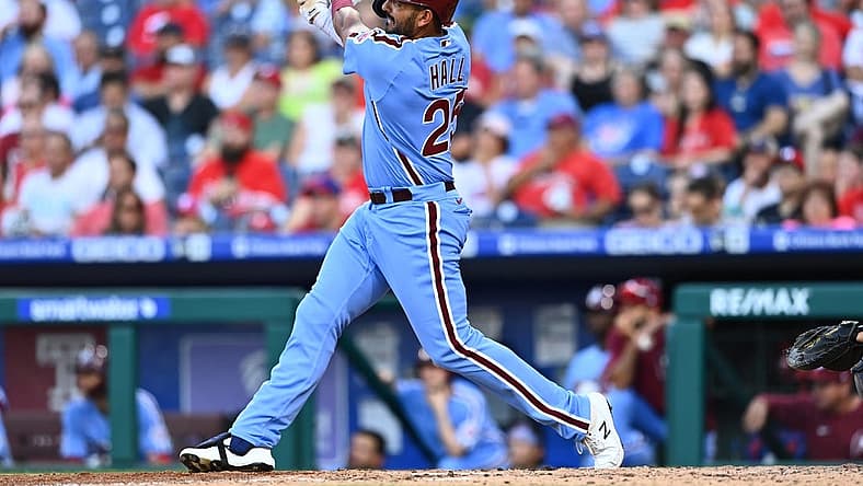 Jun 30, 2022; Philadelphia, Pennsylvania, USA; Philadelphia Phillies first baseman Darick Hall (25) hits a home run against the Atlanta Braves in the fourth inning at Citizens Bank Park. Mandatory Credit: Kyle Ross-USA TODAY Sports