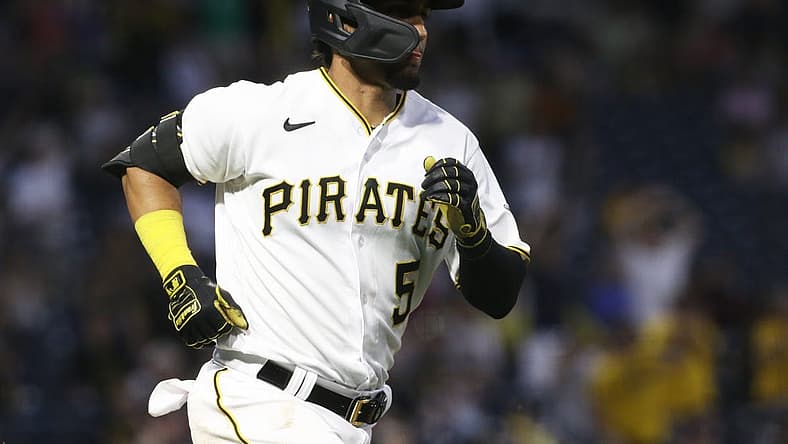 Jun 30, 2022; Pittsburgh, Pennsylvania, USA; Pittsburgh Pirates catcher Michael Perez (5) rounds the bases after hitting a two-run home run against the Milwaukee Brewers during the sixth inning at PNC Park. Mandatory Credit: Charles LeClaire-USA TODAY Sports