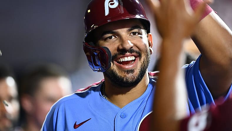 Jun 30, 2022; Philadelphia, Pennsylvania, USA; Philadelphia Phillies first baseman Darick Hall (25) celebrates in the dugout after hitting a two-run home run against the Atlanta Braves in the eighth inning at Citizens Bank Park. Mandatory Credit: Kyle Ross-USA TODAY Sports