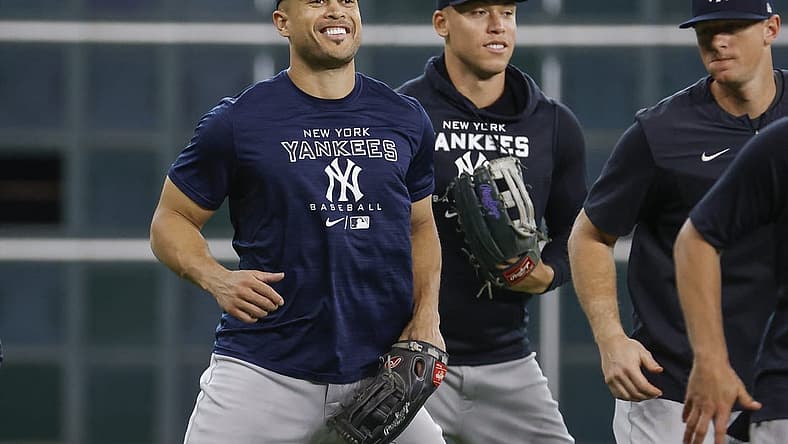 Jun 30, 2022; Houston, Texas, USA; New York Yankees left fielder Giancarlo Stanton (27) smiles before the game against the Houston Astros at Minute Maid Park. Mandatory Credit: Troy Taormina-USA TODAY Sports