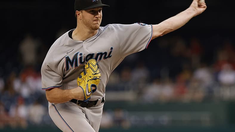 Jul 1, 2022; Washington, District of Columbia, USA; Miami Marlins starting pitcher Trevor Rogers (28) pitches against the Washington Nationals during the first inning at Nationals Park. Mandatory Credit: Geoff Burke-USA TODAY Sports