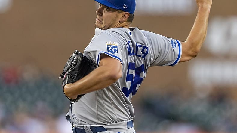 Jul 1, 2022; Detroit, Michigan, USA; Kansas City Royals starting pitcher Brad Keller (56) pitches during the first inning against the Detroit Tigers at Comerica Park. Mandatory Credit: Raj Mehta-USA TODAY Sports