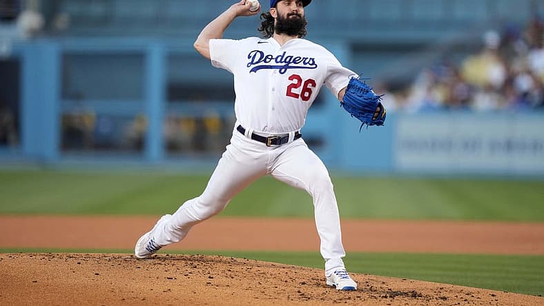 Jul 1, 2022; Los Angeles, California, USA; Los Angeles Dodgers' Tony Gonsolin (26) delivers a pitch in the third inning against the San Diego Padres at Dodger Stadium. Mandatory Credit: Kirby Lee-USA TODAY Sports