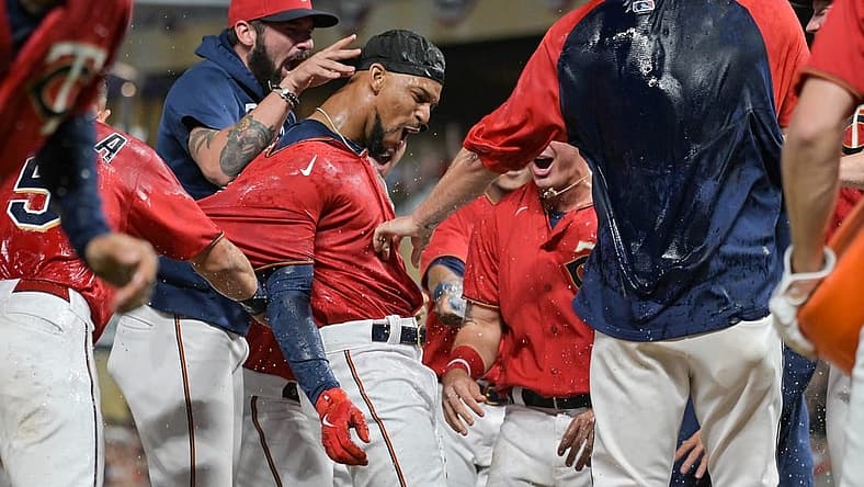 Jul 1, 2022; Minneapolis, Minnesota, USA; Minnesota Twins center fielder Byron Buxton (25) reacts after hitting a two-run walk-off home run against Baltimore Orioles relief pitcher Jorge Lopez (not pictured) during the ninth inning at Target Field. Mandatory Credit: Jeffrey Becker-USA TODAY Sports
