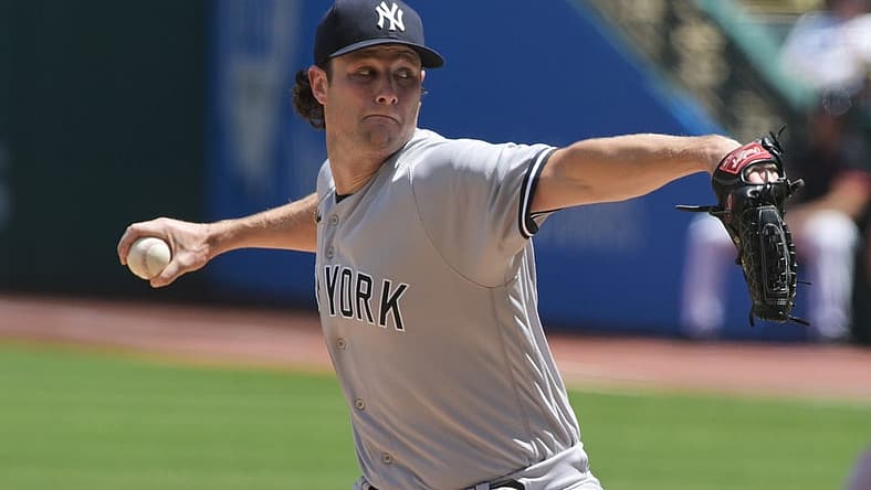 Jul 2, 2022; Cleveland, Ohio, USA; New York Yankees starting pitcher Gerrit Cole (45) throws a pitch during the first inning against the Cleveland Guardians at Progressive Field. Mandatory Credit: Ken Blaze-USA TODAY Sports