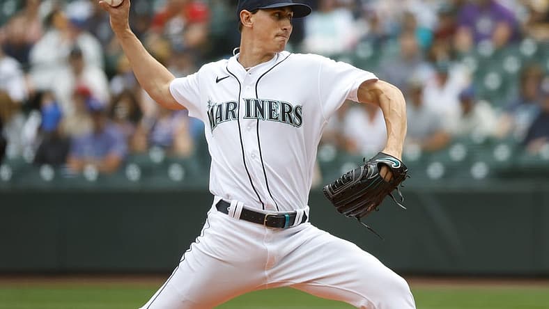 Jul 2, 2022; Seattle, Washington, USA; Seattle Mariners starting pitcher George Kirby (68) throws against the Oakland Athletics during the first inning at T-Mobile Park. Mandatory Credit: Joe Nicholson-USA TODAY Sports