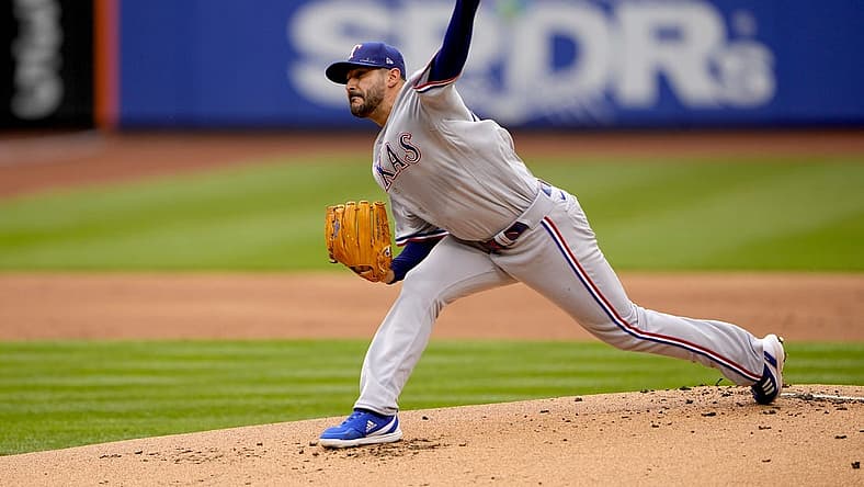 Jul 2, 2022; New York City, New York, USA; Texas Rangers pitcher Martin Perez (54) delivers a pitch against the New York Mets during the first inning at Citi Field. Mandatory Credit: Gregory Fisher-USA TODAY Sports
