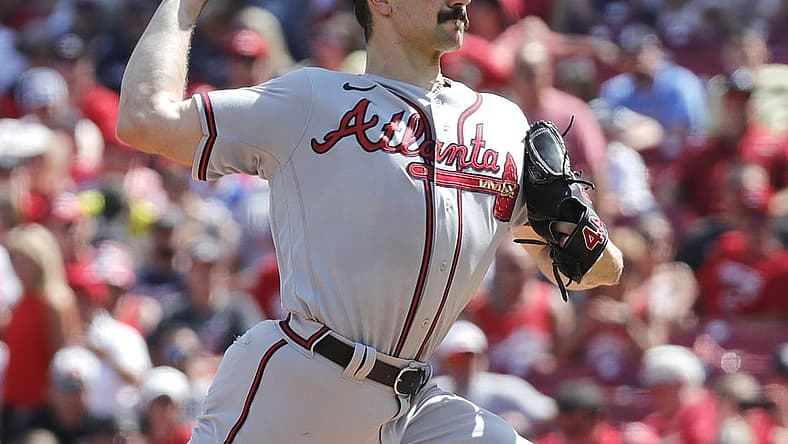 Jul 2, 2022; Cincinnati, Ohio, USA; Atlanta Braves starting pitcher Spencer Strider (65) throws pitch against the Cincinnati Reds during the first inning at Great American Ball Park. Mandatory Credit: David Kohl-USA TODAY Sports