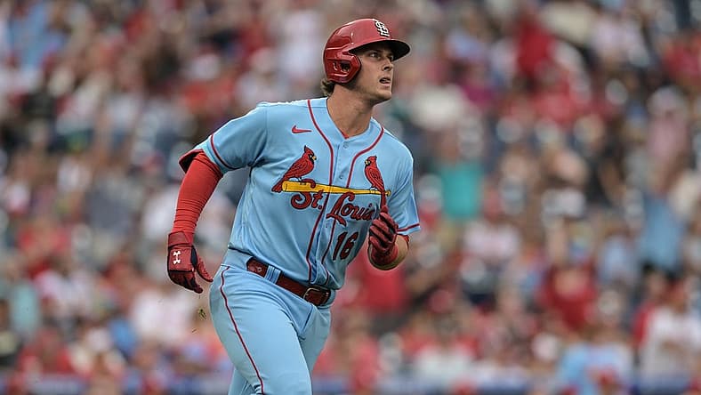 Jul 2, 2022; Philadelphia, Pennsylvania, USA; St. Louis Cardinals second baseman Nolan Gorman (16) reacts after hitting a home run during the first inning against the Philadelphia Phillies at Citizens Bank Park. Mandatory Credit: John Geliebter-USA TODAY Sports