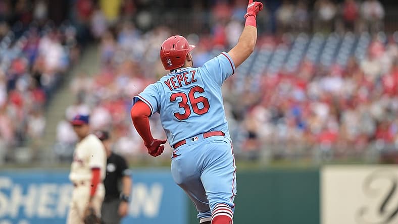 Jul 2, 2022; Philadelphia, Pennsylvania, USA; St. Louis Cardinals designated hitter Juan Yepez (36) rounds second base after hitting a home run during the first inning against the Philadelphia Phillies at Citizens Bank Park. Mandatory Credit: John Geliebter-USA TODAY Sports