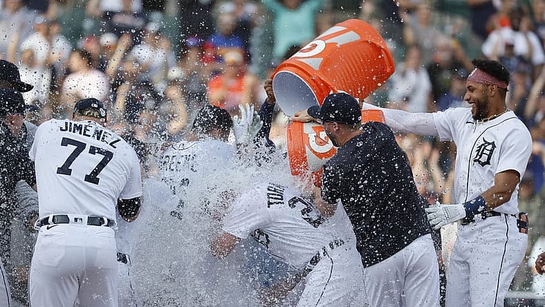 Jul 2, 2022; Detroit, Michigan, USA; Detroit Tigers center fielder Riley Greene (31) receives congratulations from teammates after he hits a game winning home run in the ninth inning against the Kansas City Royals at Comerica Park. Mandatory Credit: Rick Osentoski-USA TODAY Sports