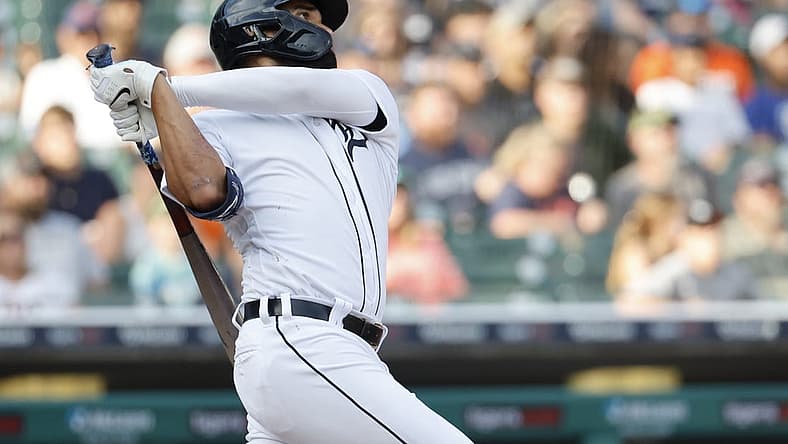 Jul 2, 2022; Detroit, Michigan, USA; Detroit Tigers center fielder Riley Greene (31) hits a game winning home run in the ninth inning against the Kansas City Royals at Comerica Park. Mandatory Credit: Rick Osentoski-USA TODAY Sports