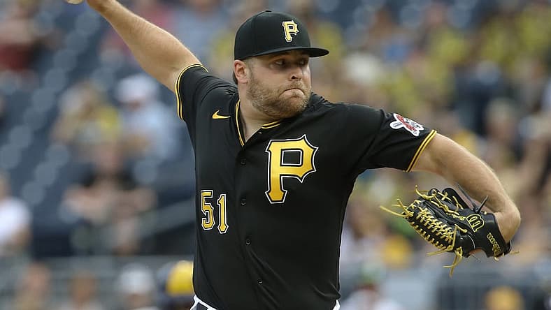 Jul 2, 2022; Pittsburgh, Pennsylvania, USA; Pittsburgh Pirates relief pitcher David Bednar (51) pitches against the Milwaukee Brewers during the ninth inning at PNC Park. The Pirates won 7-4. Mandatory Credit: Charles LeClaire-USA TODAY Sports