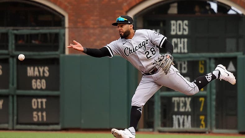 Jul 2, 2022; San Francisco, California, USA; Chicago White Sox second baseman Leury Garcia (28) throws the ball toward second base against the San Francisco Giants during the ninth inning at Oracle Park. Mandatory Credit: Kelley L Cox-USA TODAY Sports