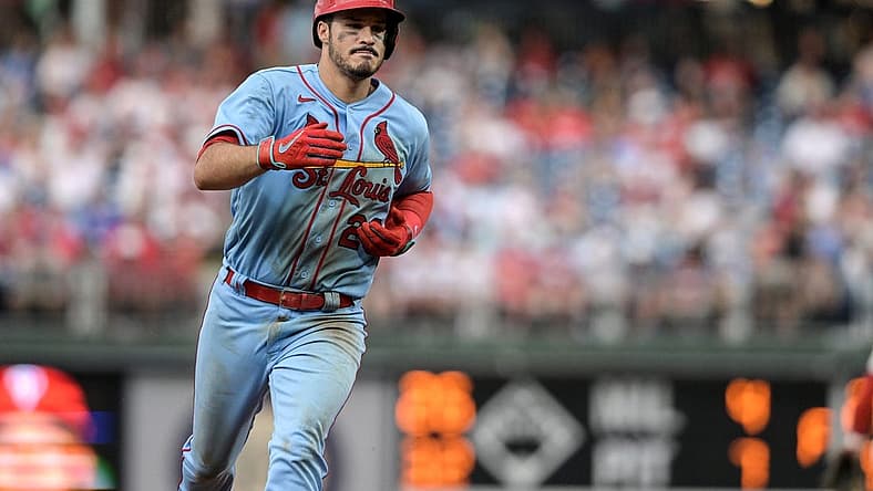 Jul 2, 2022; Philadelphia, Pennsylvania, USA;  St. Louis Cardinals third baseman Nolan Arenado (28) rounds the bases after hitting a game-winning home run during the ninth inning against the Philadelphia Phillies at Citizens Bank Park. The Cardinals won 7-6. Mandatory Credit: John Geliebter-USA TODAY Sports
