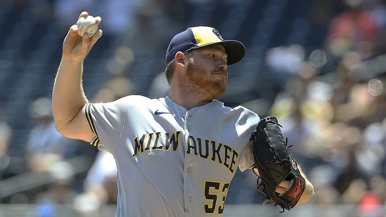 Jul 3, 2022; Pittsburgh, Pennsylvania, USA; Milwaukee Brewers starting pitcher Brandon Woodruff (53) delivers a pitch against the Pittsburgh Pirates during the first inning at PNC Park. Mandatory Credit: Charles LeClaire-USA TODAY Sports
