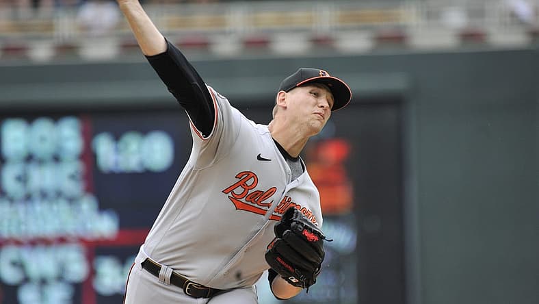 Jul 3, 2022; Minneapolis, Minnesota, USA; Baltimore Orioles starting pitcher Tyler Wells (68) throws a pitch against the Minnesota Twins during the first inning at Target Field. Mandatory Credit: Jeffrey Becker-USA TODAY Sports