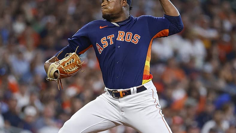 Jul 3, 2022; Houston, Texas, USA; Houston Astros starting pitcher Framber Valdez (59) delivers a pitch during the third inning against the Los Angeles Angels at Minute Maid Park. Mandatory Credit: Troy Taormina-USA TODAY Sports