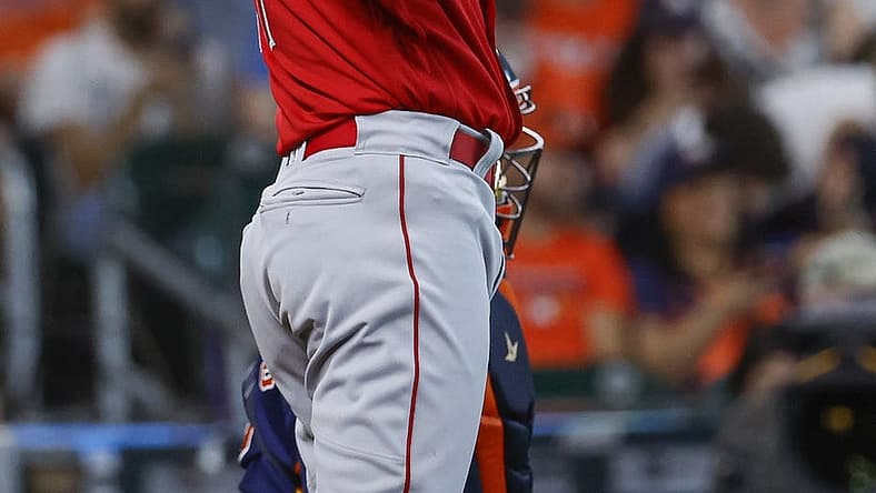 Jul 3, 2022; Houston, Texas, USA; Los Angeles Angels designated hitter Shohei Ohtani (17) bats during the fifth inning against the Houston Astros at Minute Maid Park. Mandatory Credit: Troy Taormina-USA TODAY Sports